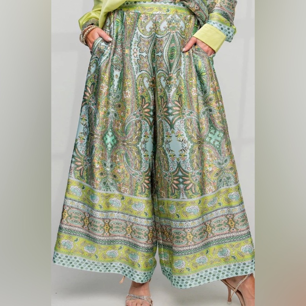 Easel Wide Leg Boho Satin Palazzo Pants